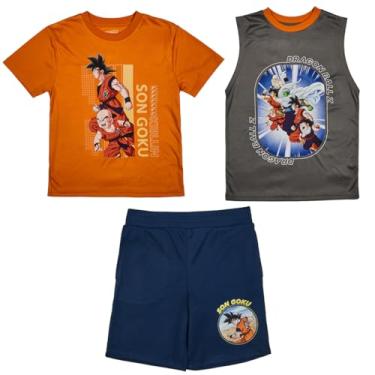 Imagem de Bioworld Dragon Ball Z Pacote com 3 camisetas de manga curta laranja para meninos, regata muscular cinza, conjunto de shorts atléticos azuis, Dbz Group Shot, 14