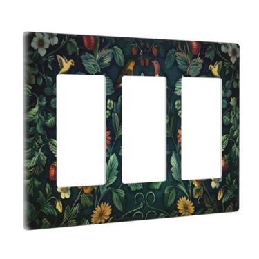 Imagem de Xuejiaku Capas de tomada decorativas Morris Strawberry Thief folhas verdes flores pássaros 3 gangues capa de placa de parede triplamente rocker decora capas de interruptor de luz placa jumbo elétrica