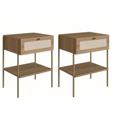 Imagem de Kit 2 Mesas de Cabeceira 1 Gaveta Palhinha Pé Metal Dourado Oslo Hannover