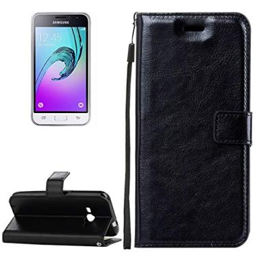 Imagem de Capas de telefone para Galaxy J1 (2016) Crazy Horse Texture Capa de couro PU flip horizontal com suporte e slots de cartão e carteira e cordão (preto) capa protetora pele (cor: roxo)