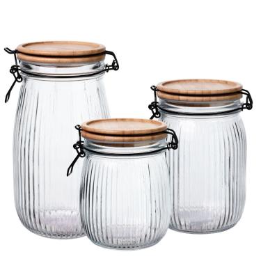 Imagem de Jogo 3 Potes Vidro Hermético Versalhes Tampa Bambu Trava Prime - Lehaví