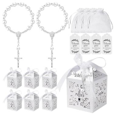 Imagem de Conjunto de 100 lembrancinhas de batismo para festa de batismo - Inclui 24 mini lembrancinhas de rosário, 24 caixas de lembrancinhas, 26 sacos de organza e 26 etiquetas de agradecimento - presentes