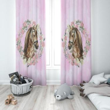 Imagem de Cortina Tecido Oxford Quarto Infantil Cavalo Aquarela Rosa Arco de Flo