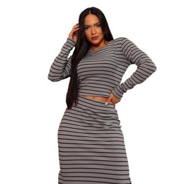 Imagem de Conjunto Saia e Cropped 3d Fenda Malha Canelada Listrada - Show store,