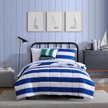 Imagem de Nautica Conjunto de edredom infantil casal/queen, roupa de cama infantil macia com fronhas e travesseiro combinando, essenciais para quarto de menino (azul listrado, casal/queen)