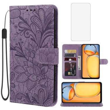 Imagem de Gufuwo Capa para Redmi 13C 4G/Redmi 13C 5G/Poco C65/Poco M6 5G Capa carteira com protetor de tela de vidro temperado, flor de renda couro PU flip porta-cartão de crédito capa para celular para Xiaomi