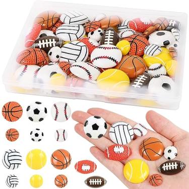 Imagem de 70 peças de enfeite de bola esportiva de resina, decorações de bolas esportivas planas com caixa, minúsculas contas de basquete de resina, beisebol, vôlei, futebol, futebol, tênis, para artesanato