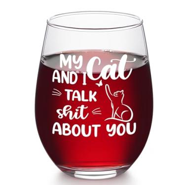 Imagem de Futtumy Presentes de mãe de gato para mulheres, presentes para amantes de gatos, My Cat & I Talk About You, taça de vinho sem haste para mãe, irmã, amiga, esposa, presente de Natal, presente de