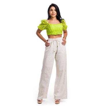 Imagem de Calça Pantalona em Linho Cós Elástico - RESTRITO JEANS, 38, Areia