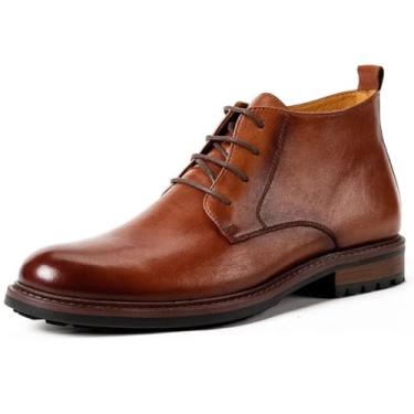 Imagem de Waillynice Botas curtas com cadarço retrô feitas à mão, botas de cano alto de couro bovino para homens outono inverno lã quente botas masculinas moda casual sapatos masculinos, Marrom, 42