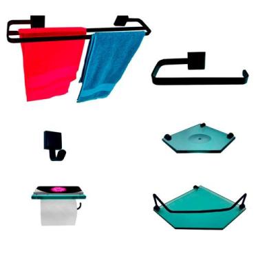 Imagem de Kit Para Banheiro Luxo Premium Preto Sextavado em Vidro - VSA, Verde