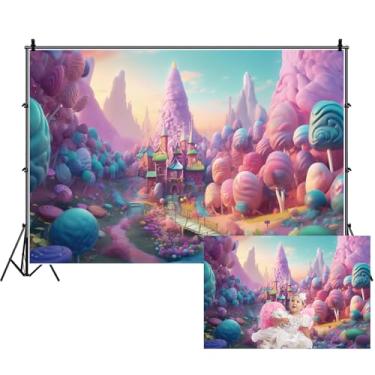 Imagem de Renaiss Pano de fundo Candyland de 2,1 x 1,5 m para fotografia de vinil algodão doce pirulito floresta castelo rosa montanha fotografia fundo para crianças festa de aniversário suprimentos de chá de