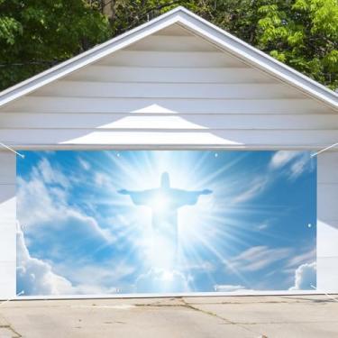 Imagem de CRTPOD 1,8 x 4 m decoração de bandeira de porta de garagem de páscoa Jesus Cristo cruz céu azul luzes sagradas capa de porta de amigo de garagem pano de fundo para igreja ao ar livre santuário