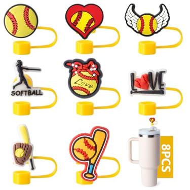 Imagem de Capas de canudo da série Softball de 8 peças para Stanley Cup, tampa de canudo de 0,4 pol/10 mm de diâmetro, compatível com copo Stanley 20 30 e 40 0z, tampas de canudo à prova de poeira para garrafa