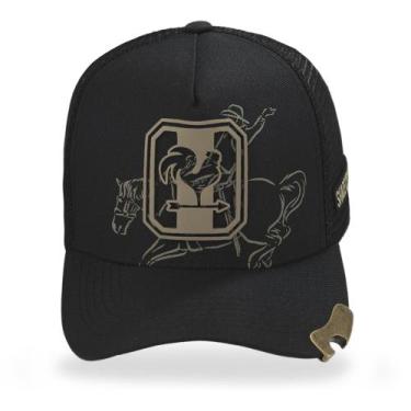 Imagem de Boné Trucker Agro Rural Detalhes Cavalo Dourado com Abridor Cerveja - 