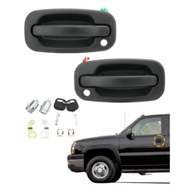 Imagem de Maçanetas externas (par), com cilindros e chaves de bloqueio, compatível com Chevy Silverado Suburban Tahoe Avalanche GMC Sierra Yukon Cadillac Escalade 1999-2007, dianteiro esquerdo e direito, OEM #