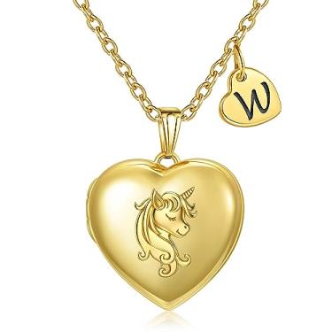 Imagem de YOUFENG Colar com medalhão de unicórnio com letra de coração, medalhão com inicial que guarda imagens banhado a ouro 18 K, presentes de aniversário, Aço inoxidável, Zircão