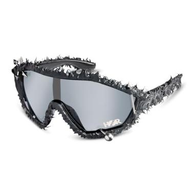 Imagem de Óculos de sol Melting Shield – Óculos de ciclismo cobertos de resina com piercings – Óculos de sol cravejados de festival rave – Óculos de piercing punk góticos para homens e mulheres, Preto