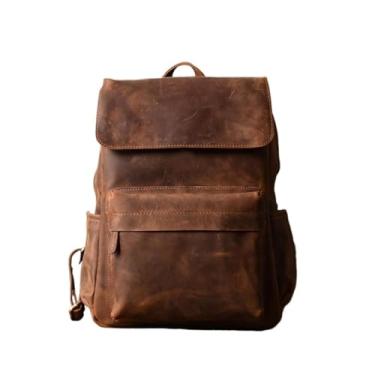 Imagem de Mochila de couro genuíno do vintage para homens bagpack saco de couro masculino caminhadas mochila daypack portátil dos homens(Brown)