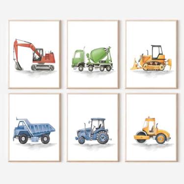 Imagem de QBZWART Pintura em tela de caminhão de construção de desenho animado para meninos, pôsteres e impressões decorativos, quarto de bebê, decoração de casa, sem moldura (20 x 25 cm sem moldura)