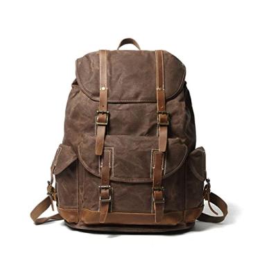Imagem de Mochila de lona encerada de grande capacidade para homens vintage mochila de viagem masculina ao ar livre bolsa de ombro de viagem masculina(Brown)