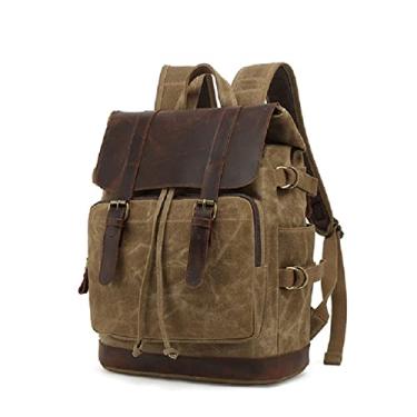 Imagem de Mochila masculina de lona encerada vintage bolsa de ombro de viagem masculina para laptop de grande capacidade ao ar livre para homens(Khaki)