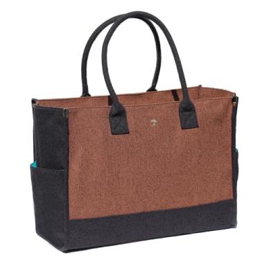 Imagem de ESVAN Sacola de lona personalizada para presentes de linho, bolsas de mão com fecho de zíper inicial, bolsa utilitária retrô, Marrom