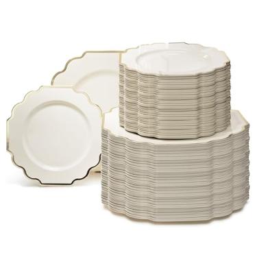 Imagem de "Ocasiões" Pacote com 240 pratos (120 convidados) Conjunto de pratos de plástico descartáveis para festa de casamento pesado - jantar de 120 x 26 cm + prato de salada/sobremesa de 200 x 20 cm (marfim