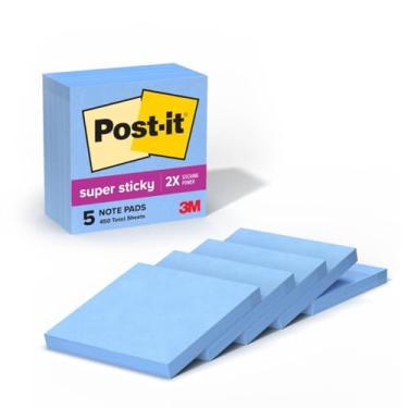 Imagem de Post-it Notas super adesivas, 5 blocos de notas adesivos, 7,6 x 7,6 cm, material escolar, produtos de escritório, notas adesivas para superfícies verticais, monitores, paredes e janelas, jeans lavado