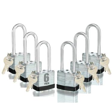Imagem de 6 cadeados iguais com chave com 12 chaves, fechaduras resistentes de 40 mm com manilha longa de 5 cm de aço endurecido durável para caixa de ferramentas de cerca de portão, escola, academia