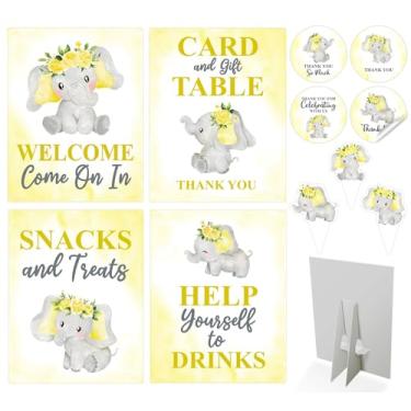 Imagem de 80 peças decorações de chá de bebê elefante amarelo gênero neutro - 4 mesas centrais placa de boas-vindas, 36 enfeites de cupcake de elefante, 40 adesivos de agradecimento
