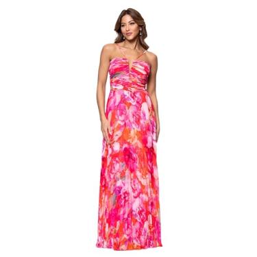 Imagem de Xscape Vestido feminino sem mangas longo frente única gola V estampado plissado alças finas, Vermelho/rosa, 42