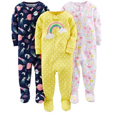 Imagem de Simple Joys by Carter's Baby Girls' Snug-Fit Footed Cotton Pijamas, Pack of 3, Dinossauro / Espaço / Arco-íris, 12 Meses