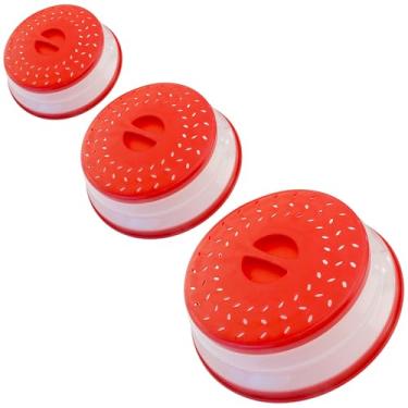 Imagem de Capa dobrável para respingos de micro-ondas, capa de placa de micro-ondas com saída de vapor, silicone e plástico sem BPA (vermelho, conjunto de 3)