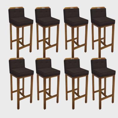 Imagem de Kit 08 Banqueta Alta Com Encosto Agnes Cozinha Balcão Bistrô Base Madeira Castanho Suede Marrom - Ahz Móveis