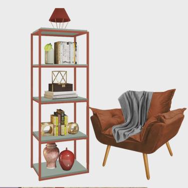 Imagem de Kit Poltrona Fatte com Manta Soft Cinza e Estante Livreiro Ferro Bronze mdf Verde Oliva Suede Terracota - Ahazzo Móveis