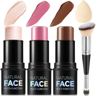 Imagem de Kit de maquiagem em bastão de contorno creme, tons com iluminador, blush e bastão de contorno de bronzeador para esculpir as bochechas, de longa duração, à prova d'água, acabamento fosco e orvalhado