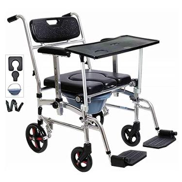 Imagem de Cadeira de rodas de chuveiro 4 em 1 Cadeira de rodas de cabeceira de transporte resistente com rodas, com 4 freios, pedal removível, apoio de braço ajustável, assento e balde de poliuretano 99,8 kg