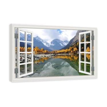 Imagem de PY3H69 Arte de parede em tela de janela aberta, impressão natural em tela. Lindo cenário de montanha 43 cm, decoração de parede de paisagem de janela, decoração de casa moderna. Moldura interna 40 x