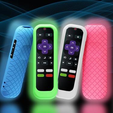 Imagem de Pacote com 4 capas para controle remoto Roku, capa de bateria para TCL Hisense Roku TV Steaming Stick 4K + capa universal de silicone com brilho no escuro (azul/verde/rosa/branco)