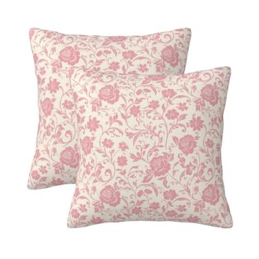 Imagem de Conjunto de 2 capas de almofada florais vintage rosa 45,7 x 45,7 cm com 2 almofadas decorativas para ambientes externos, capas de almofada de casa de fazenda para decoração de sofá e cama
