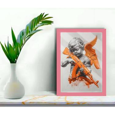 Imagem de Quadro Decorativo Cupido Argum + Vidro 33x25 Escritório Sala