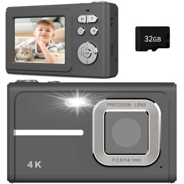 Imagem de Câmera digital para crianças, câmera FHD 1080p, foco automático 4K 48 MP, cartão de zoom 16X de 32 GB, com 2 baterias, câmera compacta preta, presentes para adolescentes, crianças, meninos e meninas