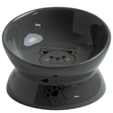 Imagem de LE SERVETA Tigela elevada de cerâmica para gatos, tigela elevada de ração para cães pequenos, prato inclinado para gatos fofos, fadiga com bigode (cinza)
