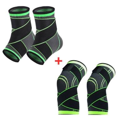 Imagem de Kit Par Tornozeleira Ortopédica Ajustável + Par Joelheira Protetora Articulada Faixa Ajustável Flexível Preto