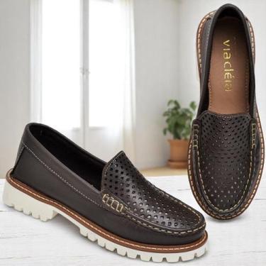 Imagem de Mocassim Feminino Com Recortes a Laser De Couro Premium Tratorado Conf