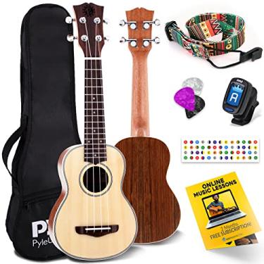 Imagem de Pyle, Conjunto de 4 cordas para aprender a tocar, madeira maciça, abeto soprano, ukulele, instrumento profissional, pescoço de mogno, escala e ponte de nogueira preta PUKT6580