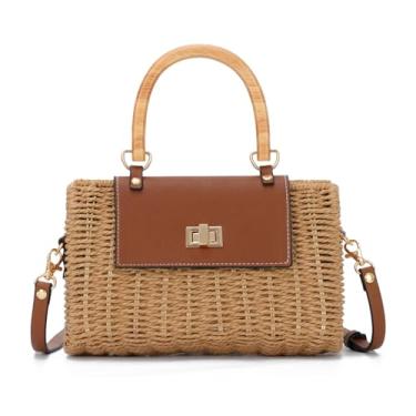Imagem de GOKTOW Bolsa tiracolo feminina 2025 nova de palha de vime com alça de madeira para viagem, Marrom, One Size