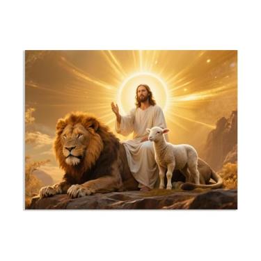 Imagem de SDYJ6GSW Tela Jesus e Leão Decoração de Parede Cordeiro Leão de Judá Pintura com Salvador Arte de Parede Cristã Inspiradora para Escritório Igreja Decoração de Casa 50 x 40 cm (20 x 16 pol) Sem