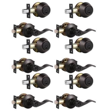 Imagem de Probrico Conjunto de fechadura de porta externa bronze externo de maçaneta da porta frontal, conjunto de maçanetas de fechadura de cilindro duplo, pacote com 6
